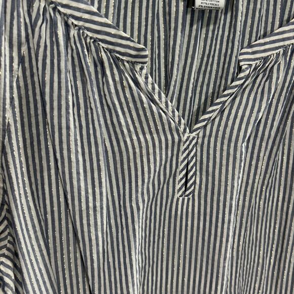 Liz Claiborne Navy White Striped Metallic Thread Tunic Top Size L Peasant Blouse - Picture 8 of 9